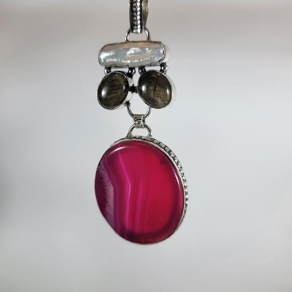 Gemstone Pendant Necklace – Pink Agate, Pearl & Labradorite + 20" Silver Chain - Picture 1 of 10